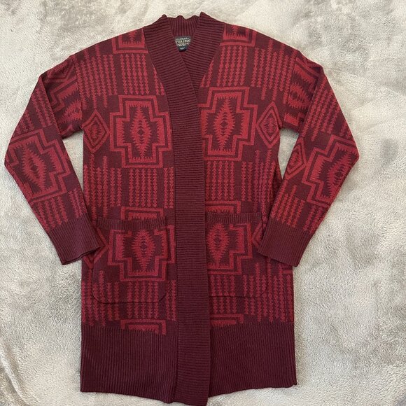 Pendleton Sweaters - Pendleton Wool Blend Burgundy Aztec Print Long Sweater Cardigan Women's SMALL